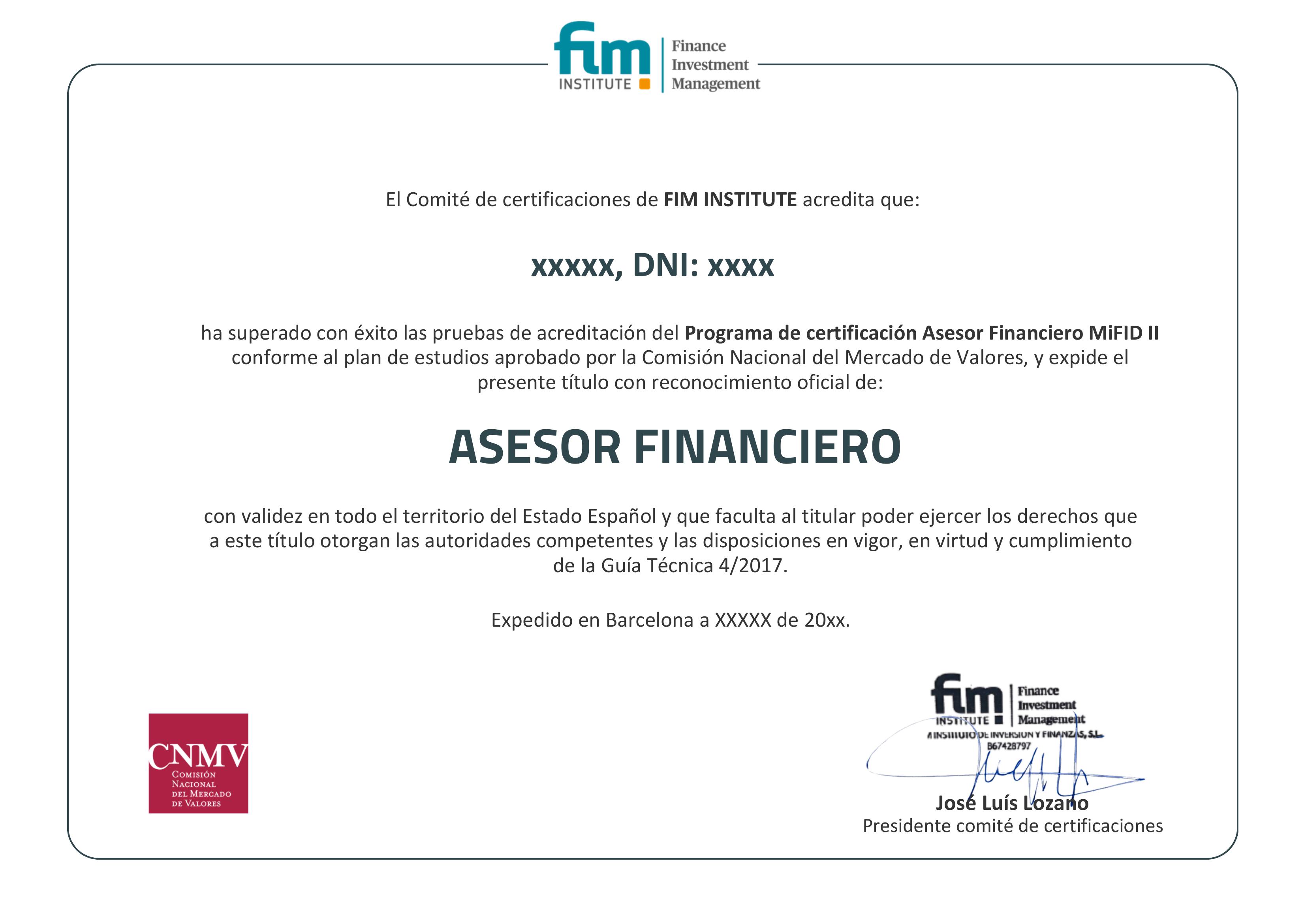 Diploma oficial Asesor Financiero MiFID II — FIM Institute con sello CNMV